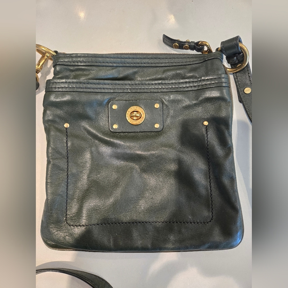Marc Jacobs Dark Green Crossbody with Logo-Print Interior and Gold Hardware
